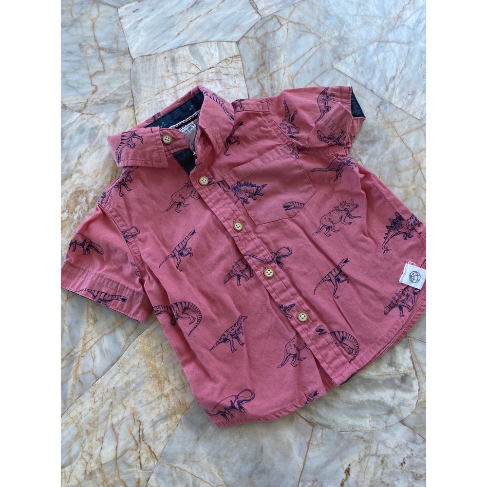 Free Planet Boys Dinosaur Print Short Sleeve Button Down Shirt Pink Navy 12M